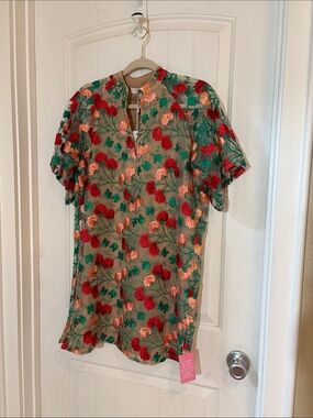 Buddy Love Embroidered Floral Tunic Dress in Red, Green, Peach on Tan